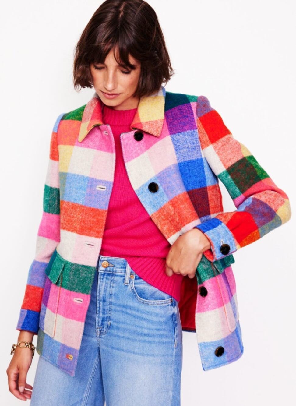 NWT Boden Multicolor Wool Check Coat US 10 Dopamine Dressing Colorful Retro